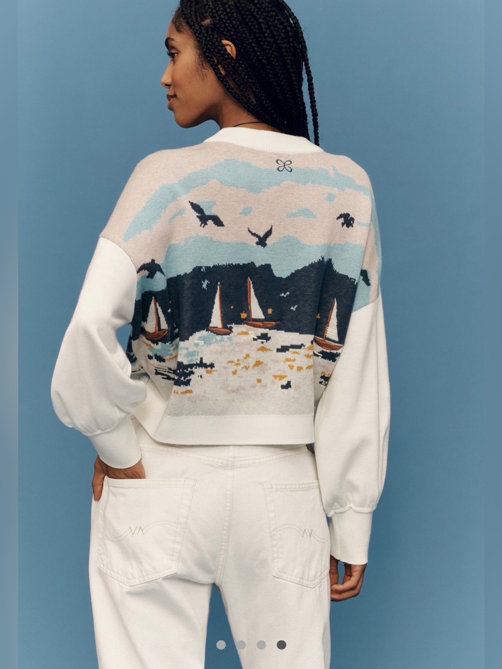 NWOT Anthropologie Maeve Nautical Scene Coastal Lighthouse Cropped Sweater Sz M - Picture 3 of 7